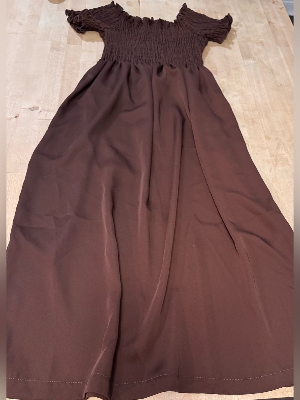 Fauxgerty “the Naomi” Brown Smocked Off-Shoulder Midi Dress